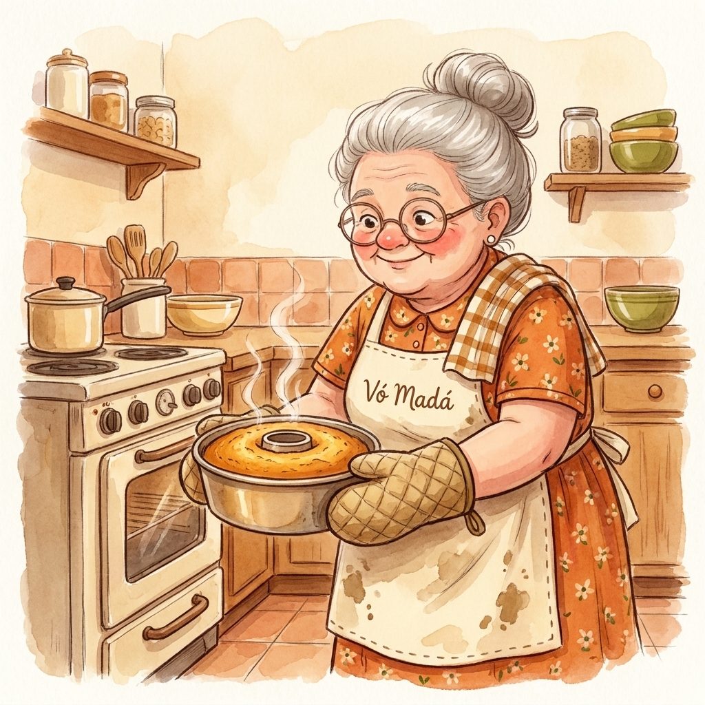 Aquarela do bolo de fubá saindo do forno