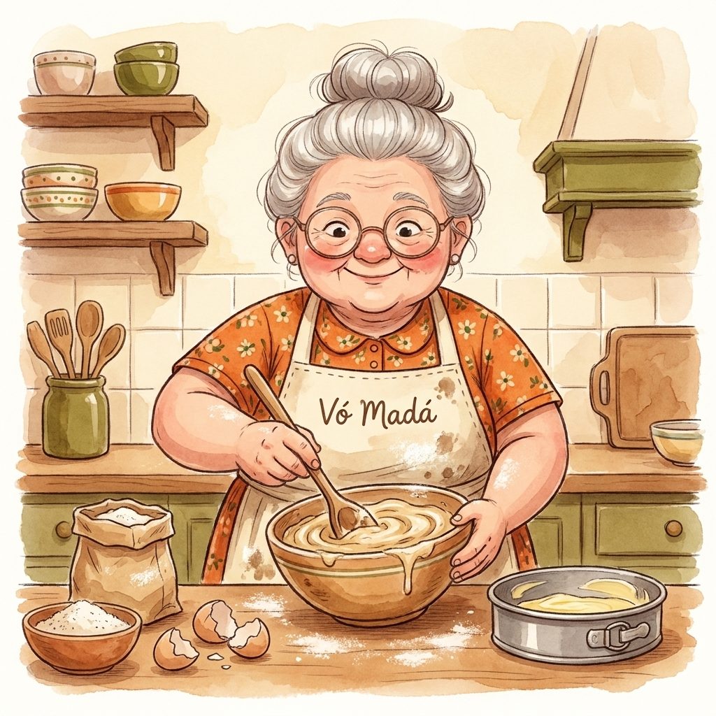 A Vó Madá em aquarela, mexendo a massa do bolo na cozinha